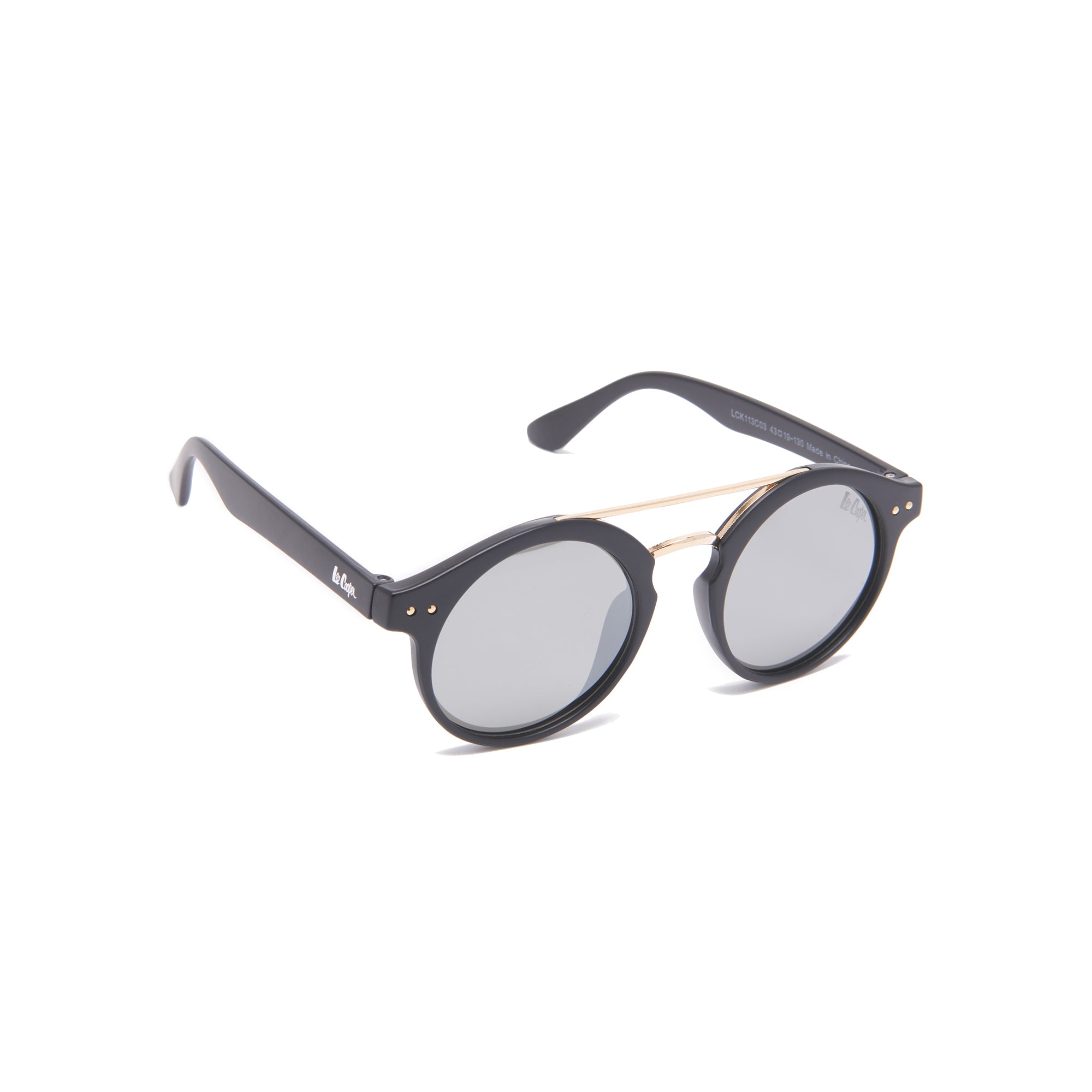 Lee Cooper Polarized Sunglasses for Boys & Girls with Silver Mirrored Round TAC Lenses, Black Full-Rim Polycarbonate Frame and Double-Bridge Design | LCK113C03
