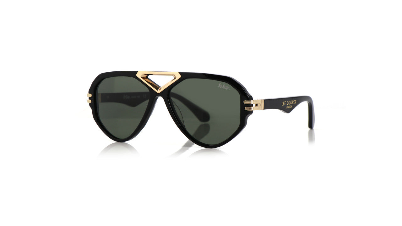 Lee Cooper Non-Polarized Aviator Sunglasses for Men & Women with Dark Green Nylon Lenses, Black Full-Rim Acetate Frame and Gold-Tone Decorative Double-Bridge Design | LCU10242C2