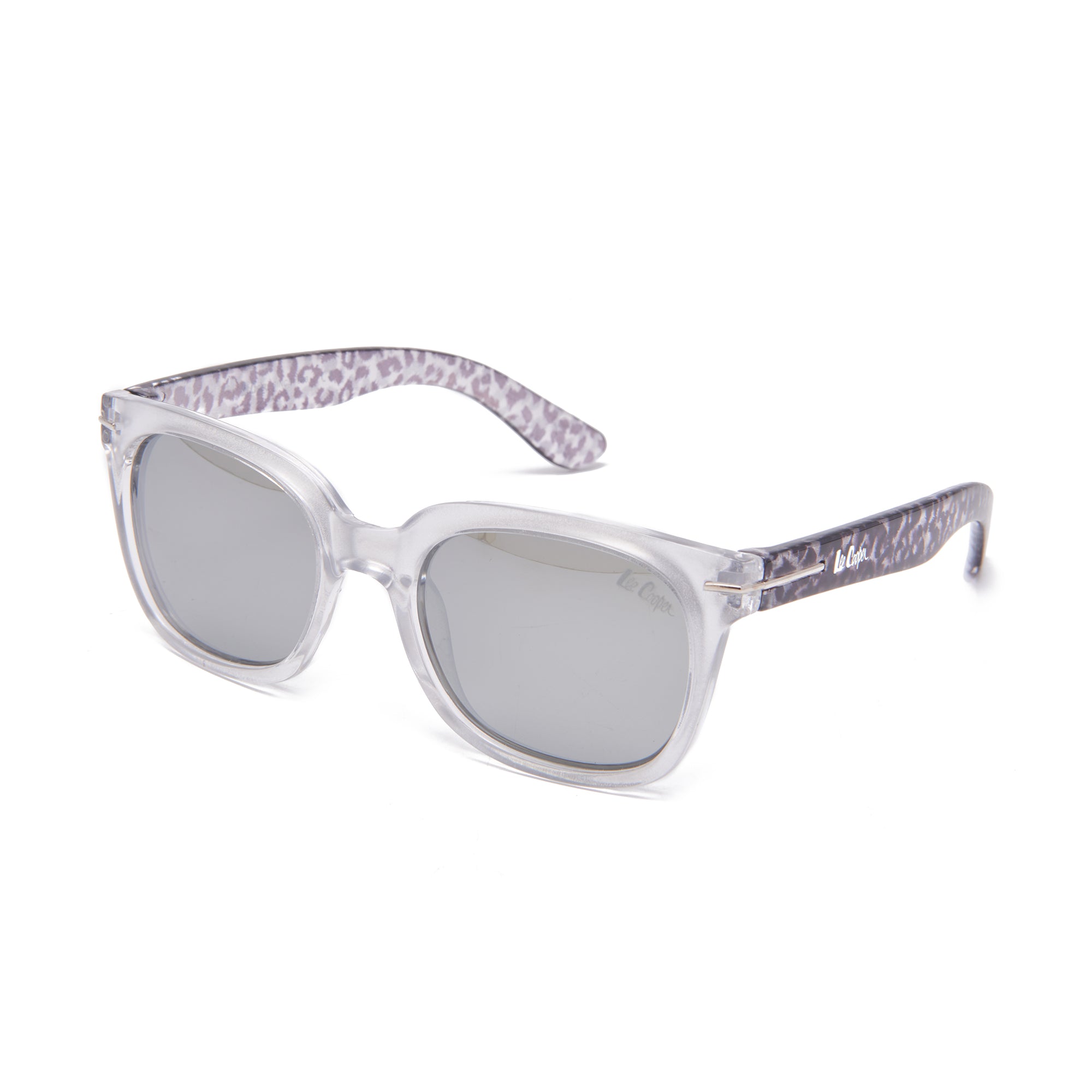 Lee Cooper Polarized Sunglasses for Boys & Girls with Silver Mirrored Square TAC Lenses, Transparent Silver Full-Rim Polycarbonate Frame and Printed Temple Arms | LCK116C02