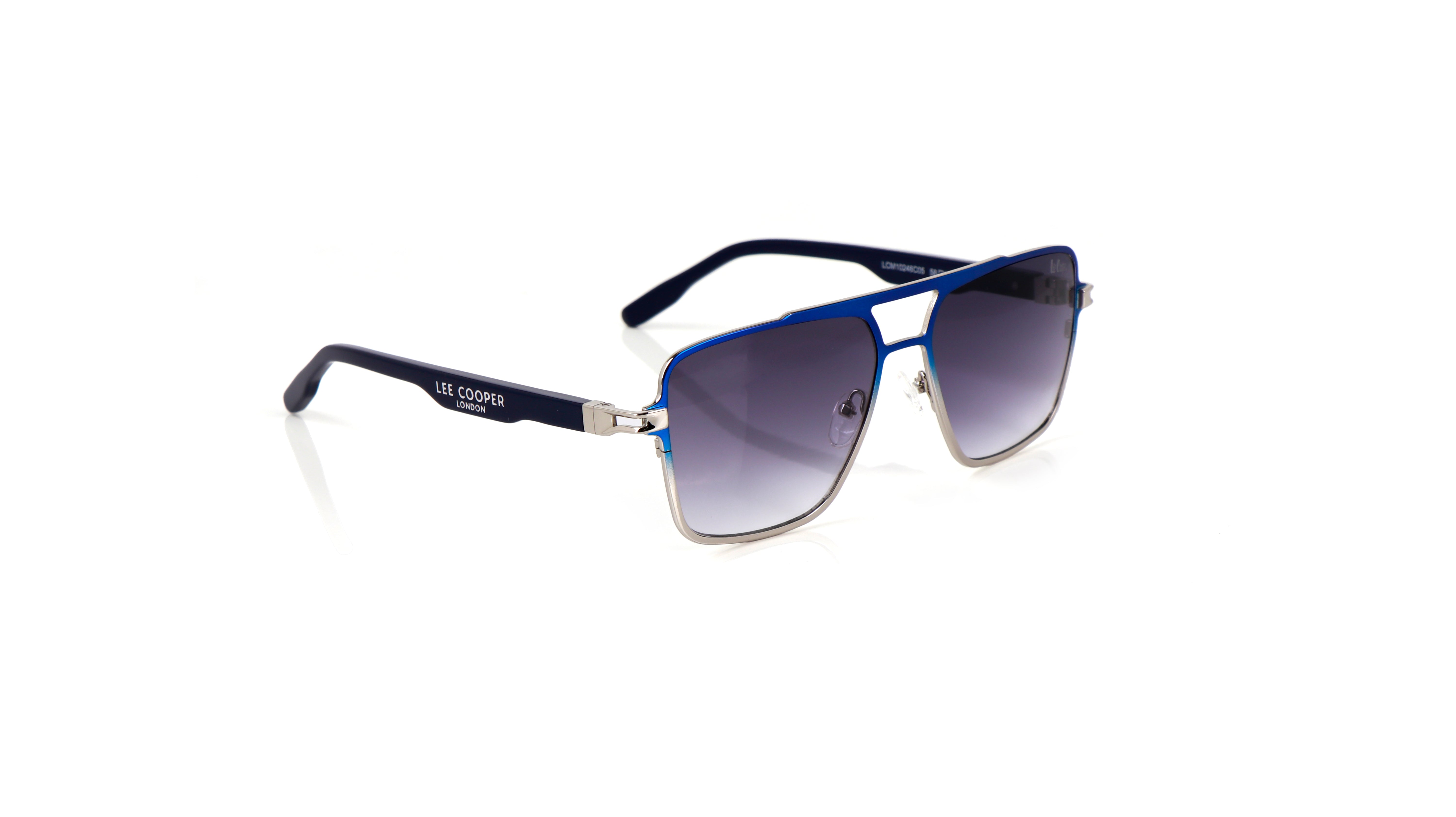 Lee Cooper Non-Polarized Square Aviator Sunglasses for Men with Gradient Grey Nylon Lenses, Blue & Silver-Tone Full-Rim Metal Frame and Double-Bridge Design | LCM10246C5