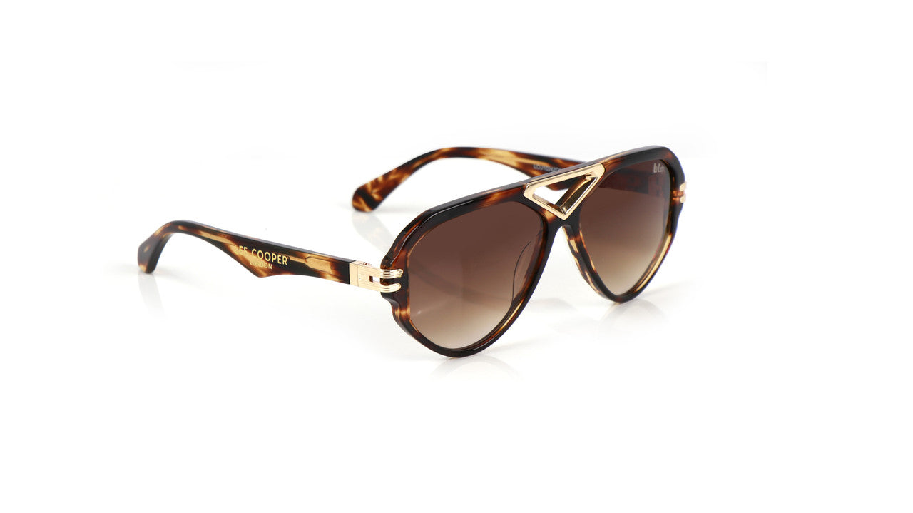 Lee Cooper Non-Polarized Aviator Sunglasses for Men & Women with Gradient Brown Nylon Lenses, Brown Striped Full-Rim Acetate Frame and Gold-Tone Decorative Double-Bridge Design | LCU10242C4