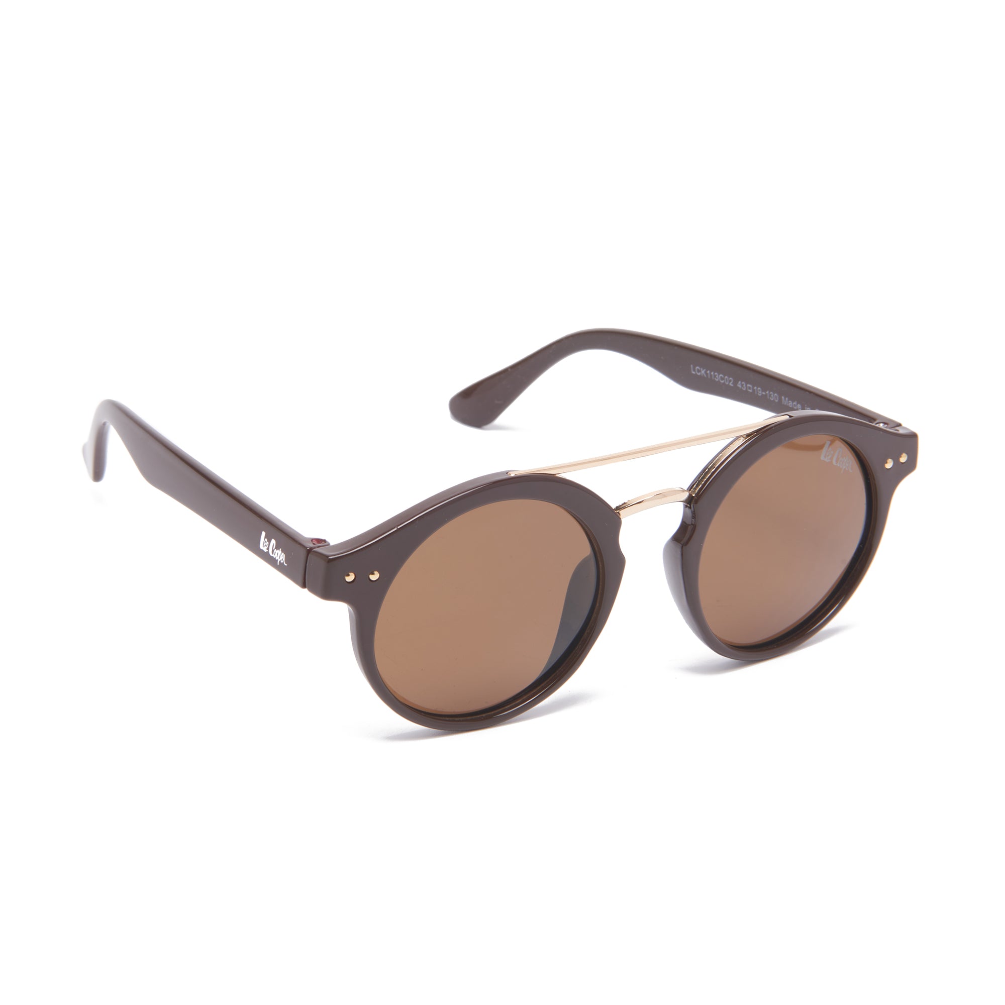 Lee Cooper Polarized Sunglasses for Boys & Girls with Brown Round TAC Lenses, Brown Full-Rim Polycarbonate Frame and Double-Bridge Design | LCK113C02