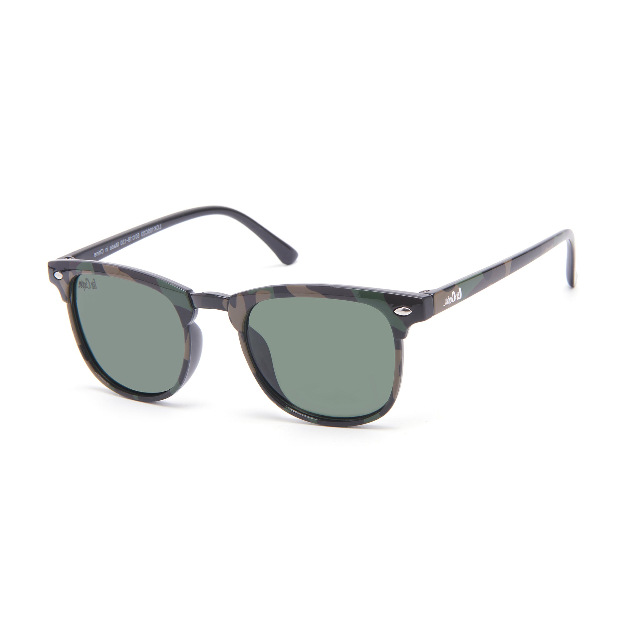 Lee Cooper Polarized Classic Square Sunglasses for Boys & Girls with Green TAC Lenses and Black Camouflage-Pattern Full-Rim Polycarbonate Frame | LCK105C03