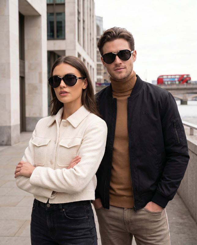 Lee Cooper Non-Polarized Aviator Sunglasses for Men & Women with Grey Nylon Lenses, Black Full-Rim Acetate Frame and Decorative Double-Bridge Design | LCU10242C1