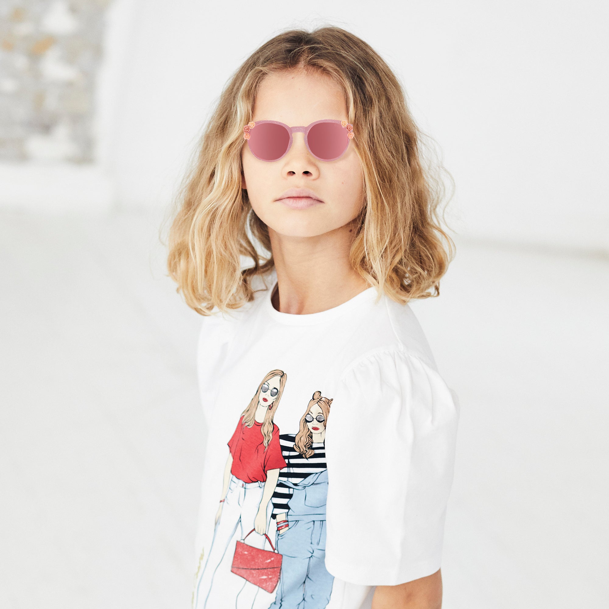 Lee Cooper Polarized Sunglasses for Boys & Girls with Pink Round TAC Lenses, Glittered Full-Rim Polycarbonate Frame and Floral Embellishments | LCK107C01