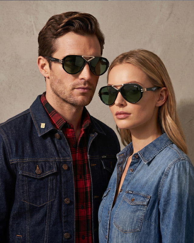 Lee Cooper Non-Polarized Aviator Sunglasses for Men & Women with Dark Green Nylon Lenses, Black Full-Rim Acetate Frame and Gold-Tone Decorative Double-Bridge Design | LCU10242C2