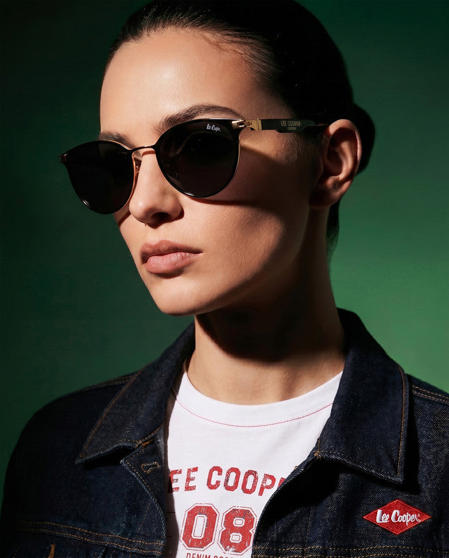Lee Cooper Non-Polarized Round Sunglasses for Women with Grey Nylon Lenses, Black & Gold-Tone Full-Rim Metal Frame | LCW10241C1