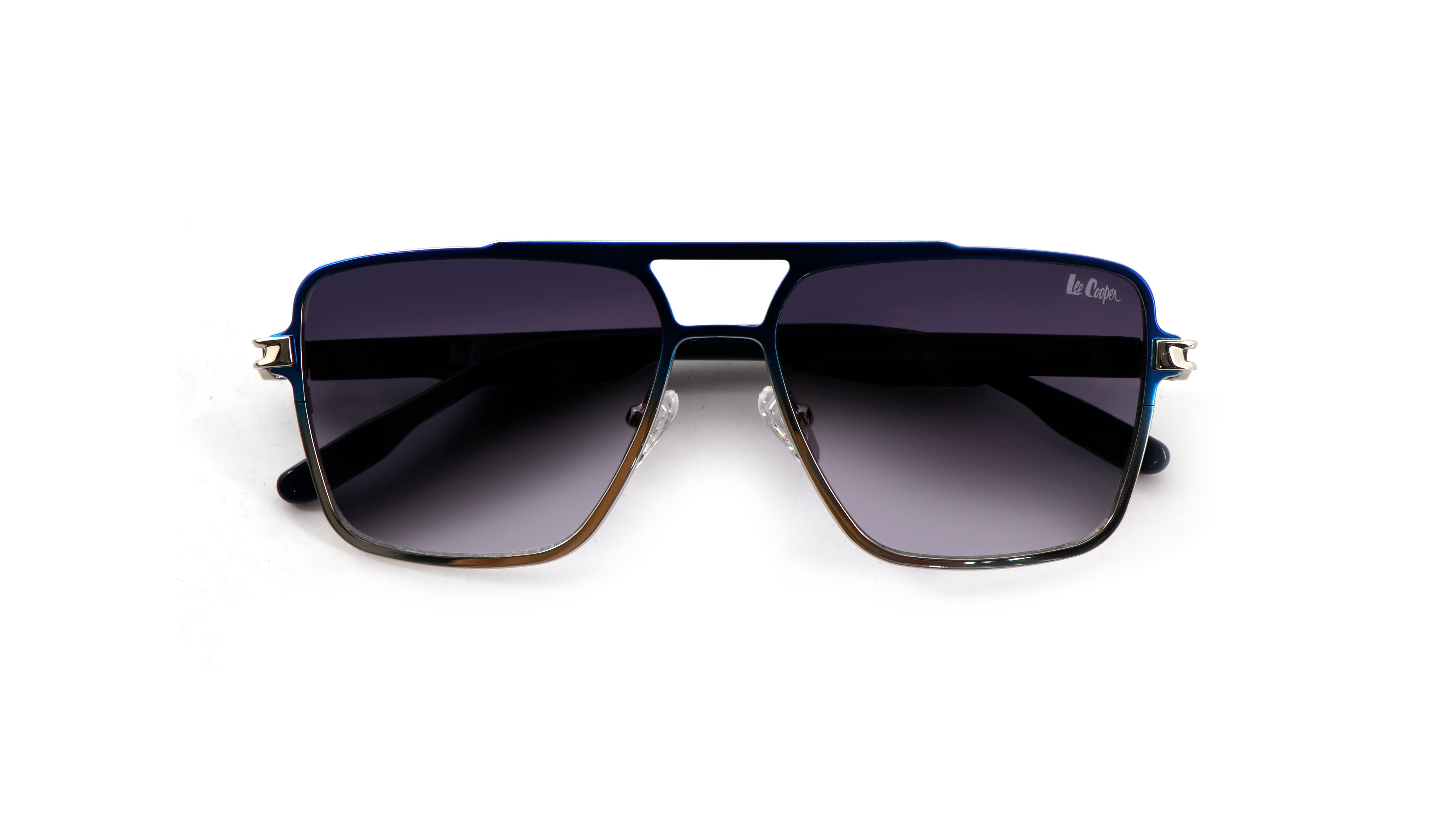 Lee Cooper Non-Polarized Square Aviator Sunglasses for Men with Gradient Grey Nylon Lenses, Blue & Silver-Tone Full-Rim Metal Frame and Double-Bridge Design | LCM10246C5