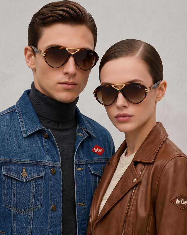 Lee Cooper Non-Polarized Aviator Sunglasses for Men & Women with Gradient Brown Nylon Lenses, Brown Striped Full-Rim Acetate Frame and Gold-Tone Decorative Double-Bridge Design | LCU10242C4
