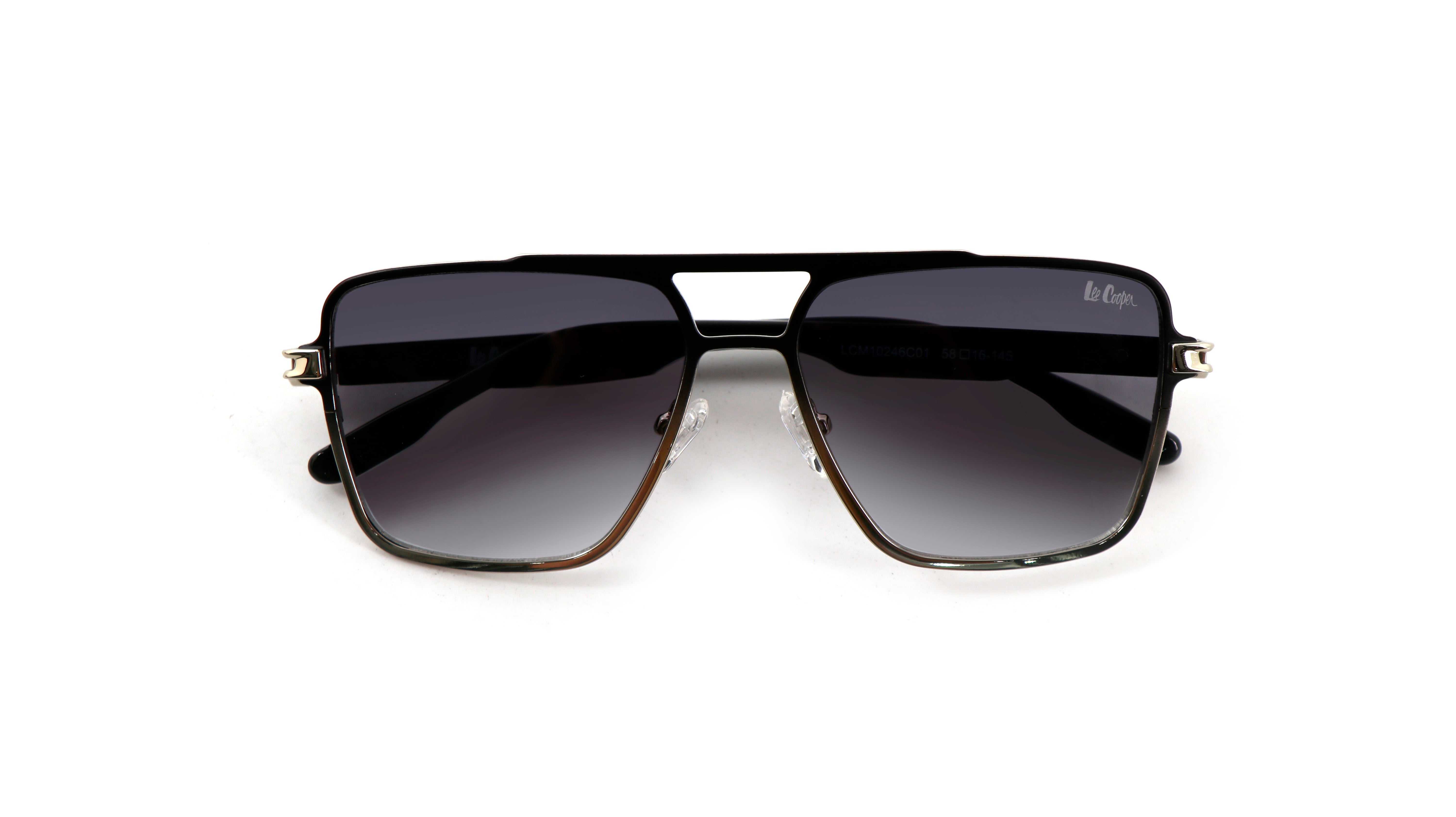 Lee Cooper Non-Polarized Square Aviator Sunglasses for Men with Gradient Grey Nylon Lenses, Black & Silver-Tone Full-Rim Metal Frame and Double-Bridge Design | LCM10246C1