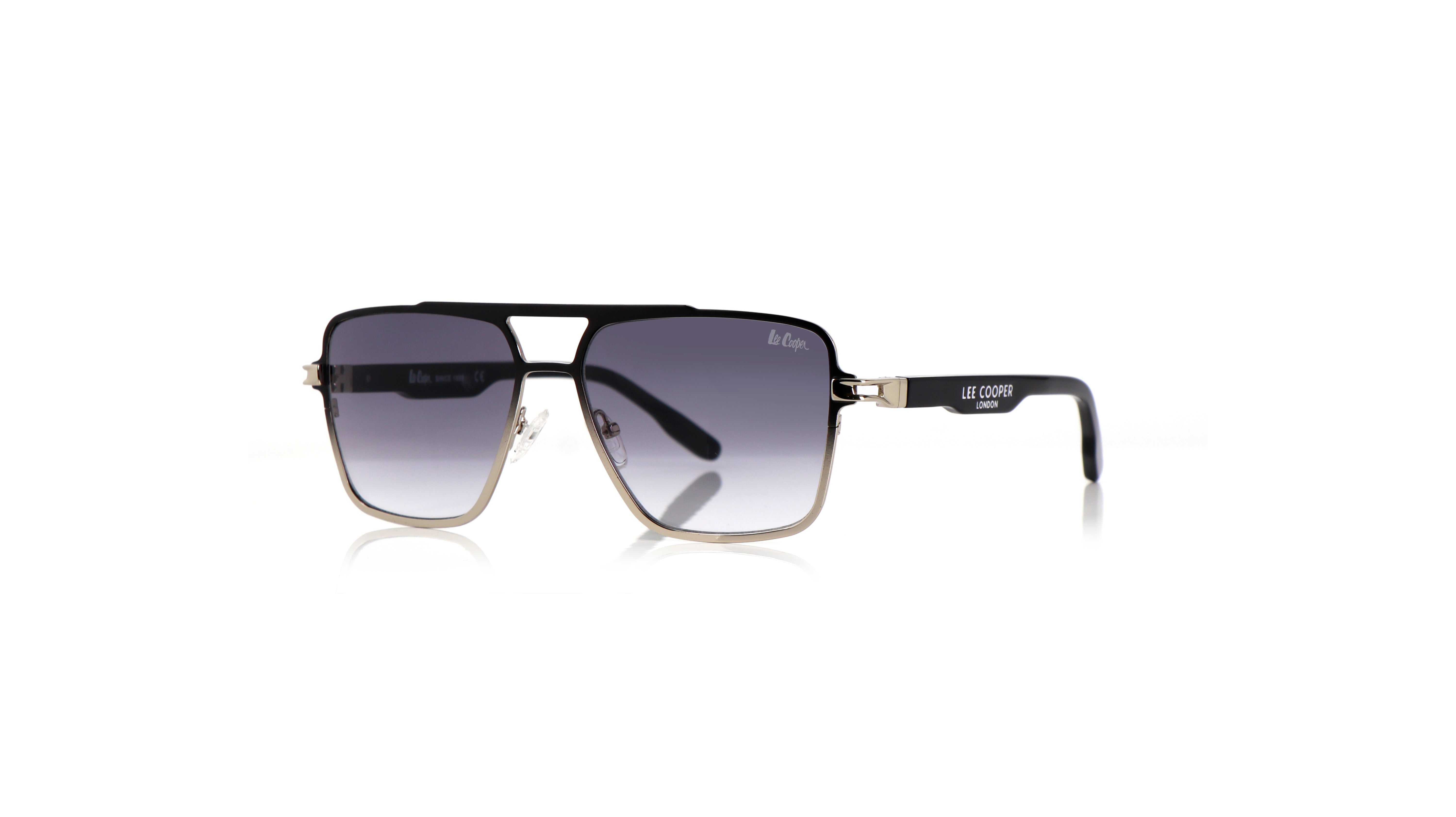 Lee Cooper Non-Polarized Square Aviator Sunglasses for Men with Gradient Grey Nylon Lenses, Black & Silver-Tone Full-Rim Metal Frame and Double-Bridge Design | LCM10246C1