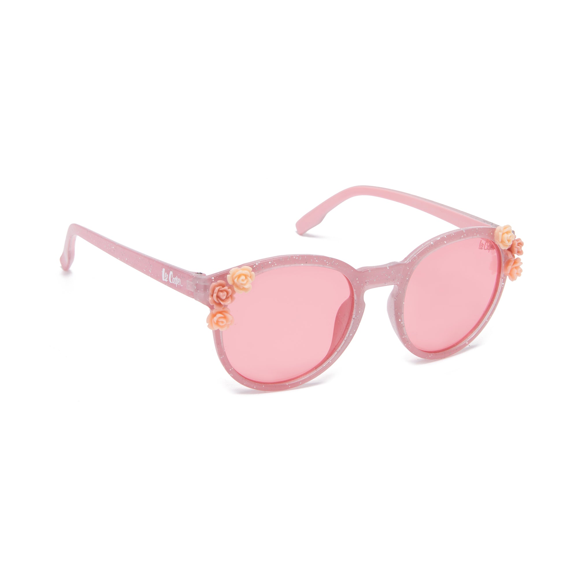 Lee Cooper Polarized Sunglasses for Boys & Girls with Pink Round TAC Lenses, Glittered Full-Rim Polycarbonate Frame and Floral Embellishments | LCK107C01