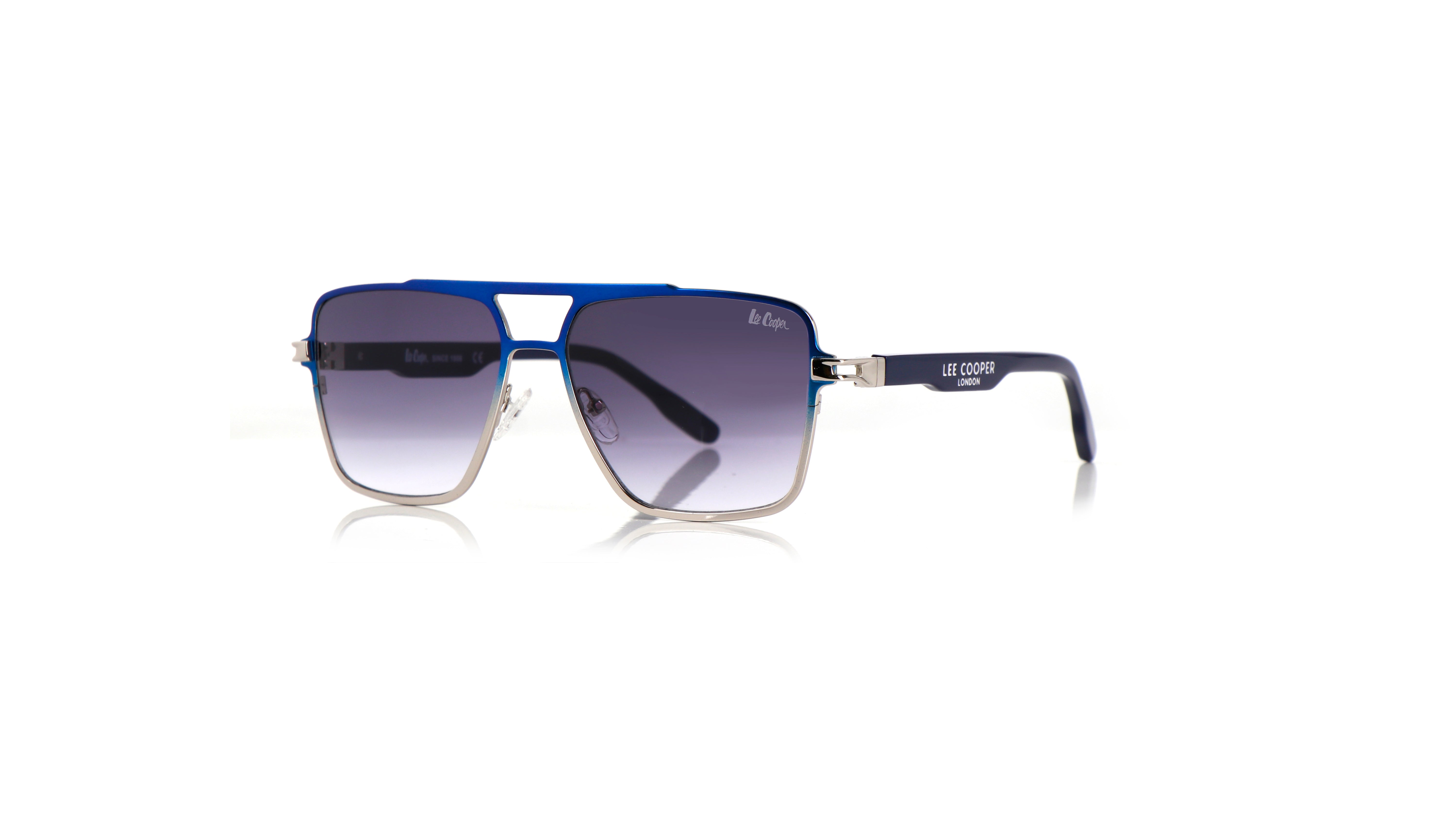 Lee Cooper Non-Polarized Square Aviator Sunglasses for Men with Gradient Grey Nylon Lenses, Blue & Silver-Tone Full-Rim Metal Frame and Double-Bridge Design | LCM10246C5
