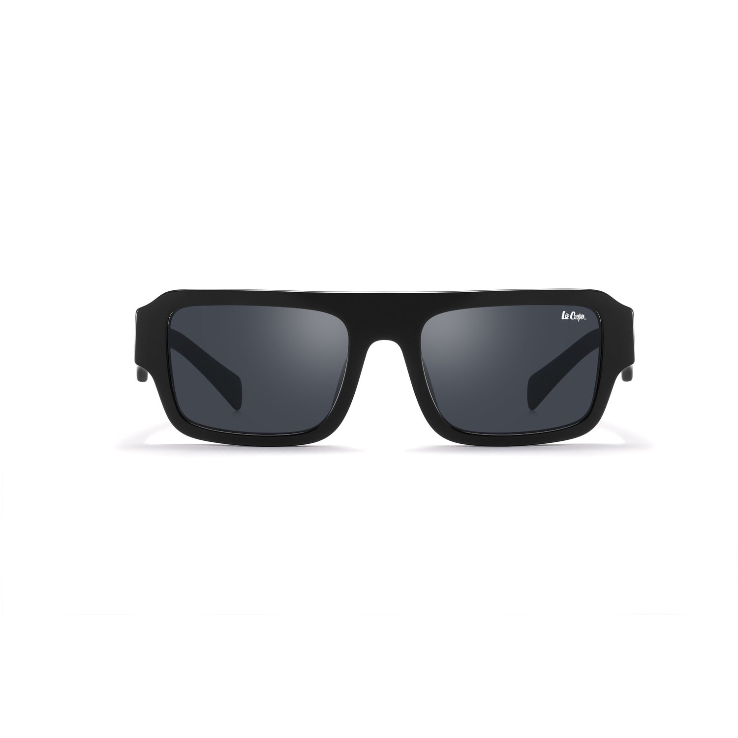 Matte black square sunglasses with dark gray lenses, shown from the front on a clean white background.
