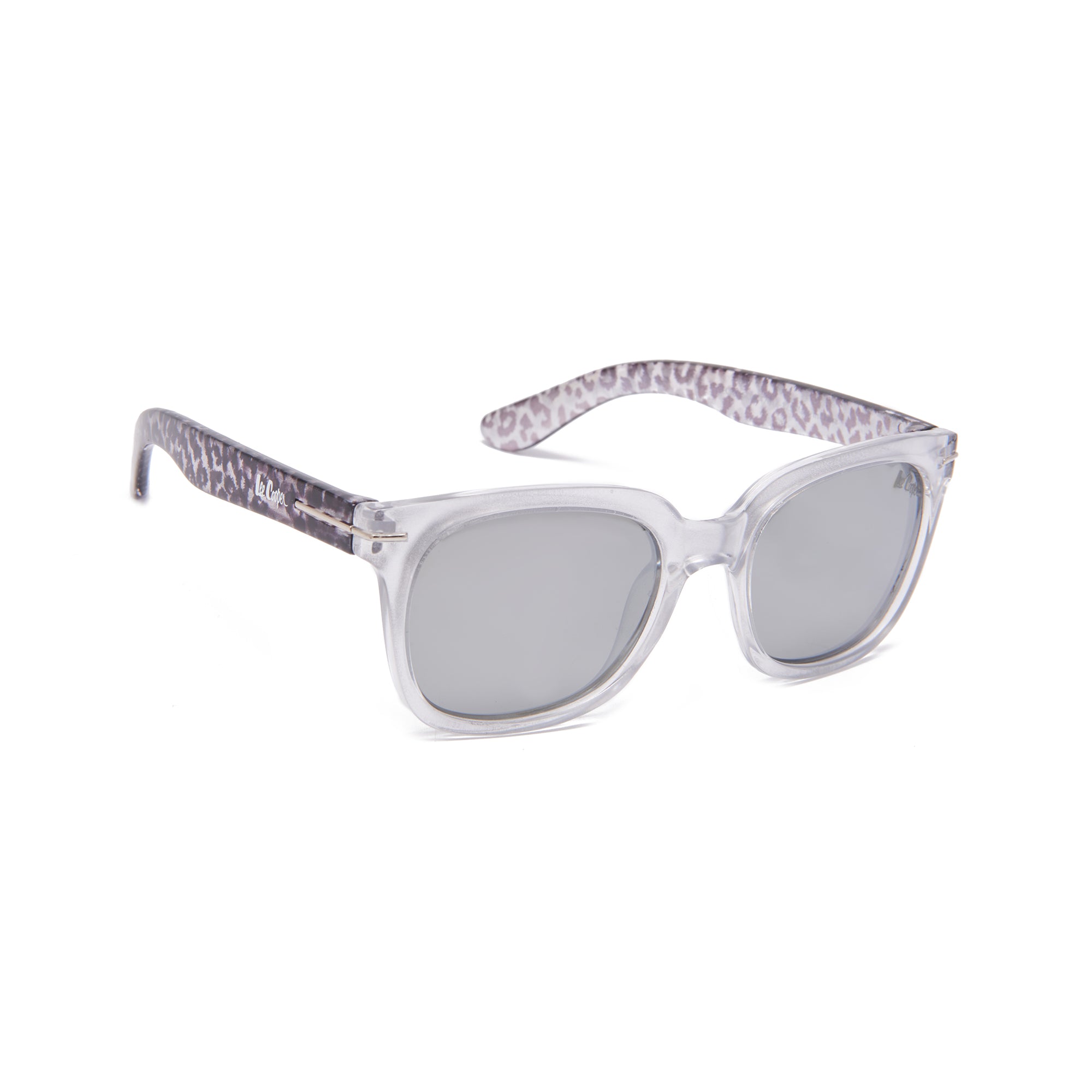Lee Cooper Polarized Sunglasses for Boys & Girls with Silver Mirrored Square TAC Lenses, Transparent Silver Full-Rim Polycarbonate Frame and Printed Temple Arms | LCK116C02