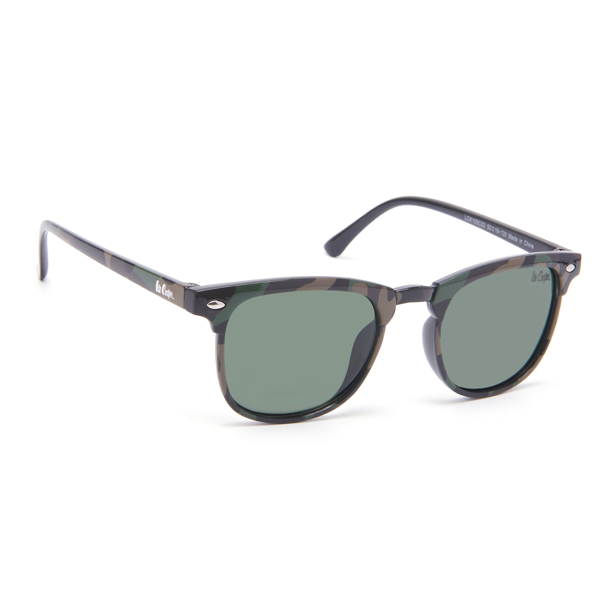 Lee Cooper Polarized Classic Square Sunglasses for Boys & Girls with Green TAC Lenses and Black Camouflage-Pattern Full-Rim Polycarbonate Frame | LCK105C03