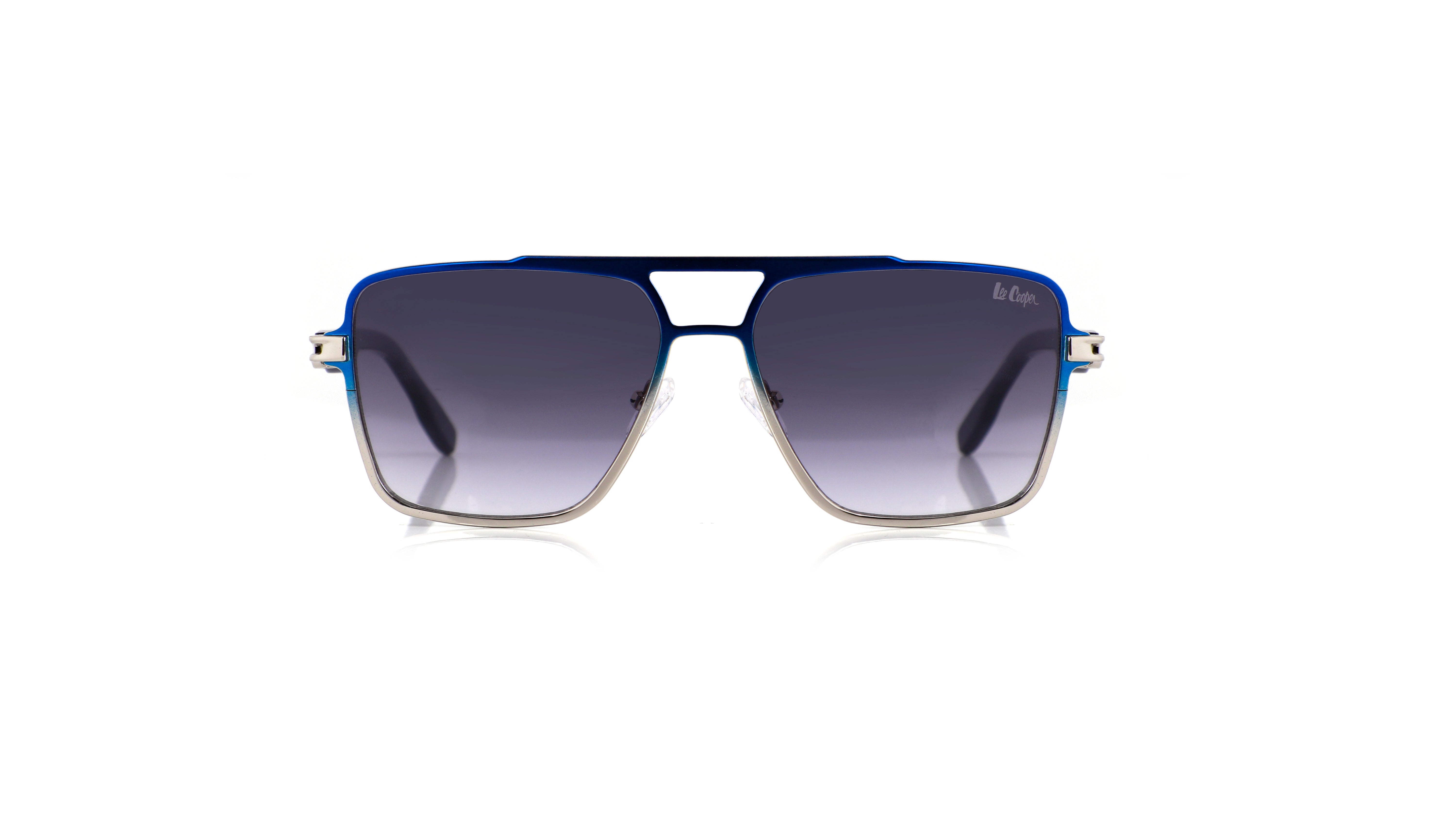 Lee Cooper Non-Polarized Square Aviator Sunglasses for Men with Gradient Grey Nylon Lenses, Blue & Silver-Tone Full-Rim Metal Frame and Double-Bridge Design | LCM10246C5