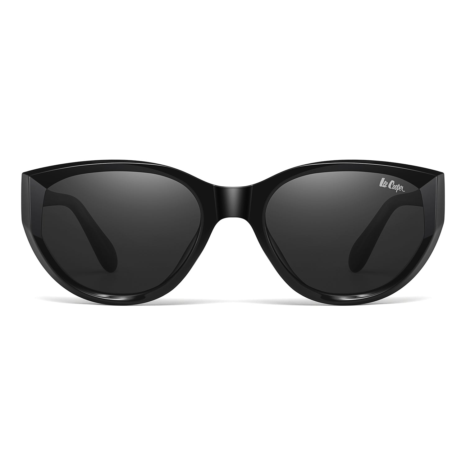 Black sunglasses with a reflective surface on a white background