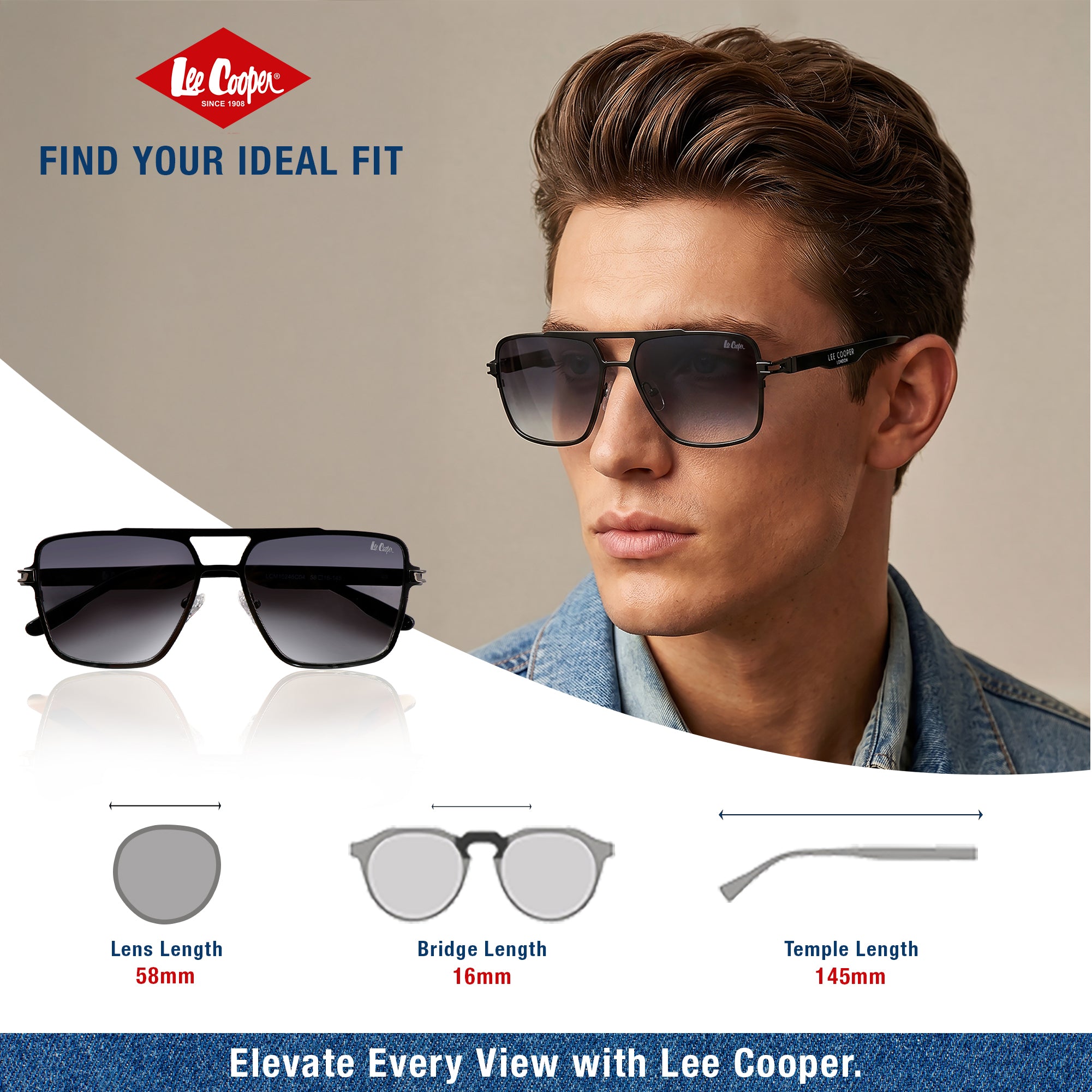Lee Cooper Non-Polarized Square Aviator Sunglasses for Men with Gradient Grey Nylon Lenses, Black Full-Rim Metal Frame and Double-Bridge Design | LCM10246C4