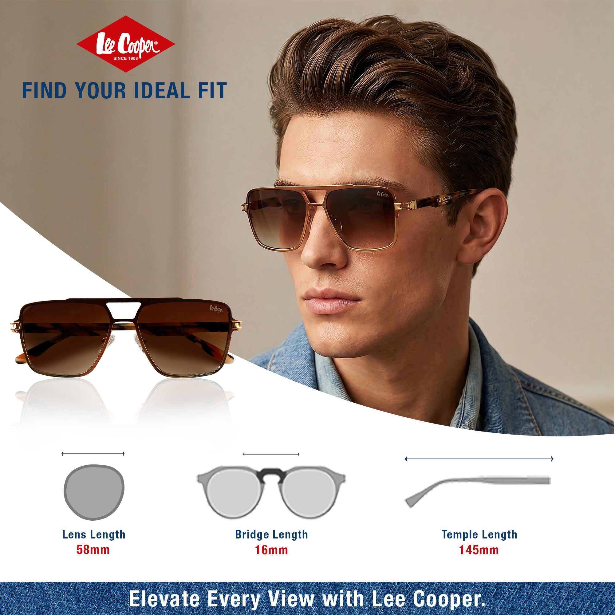 Lee Cooper Non-Polarized Square Aviator Sunglasses for Men with Gradient Brown Nylon Lenses, Brown & Gold-Tone Full-Rim Metal Frame and Double-Bridge Design | LCM10246C3