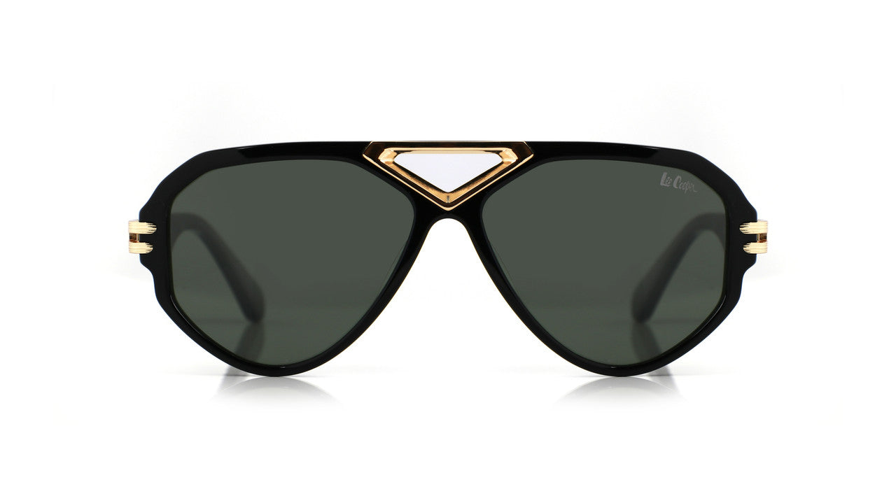 Lee Cooper Non-Polarized Aviator Sunglasses for Men & Women with Dark Green Nylon Lenses, Black Full-Rim Acetate Frame and Gold-Tone Decorative Double-Bridge Design | LCU10242C2