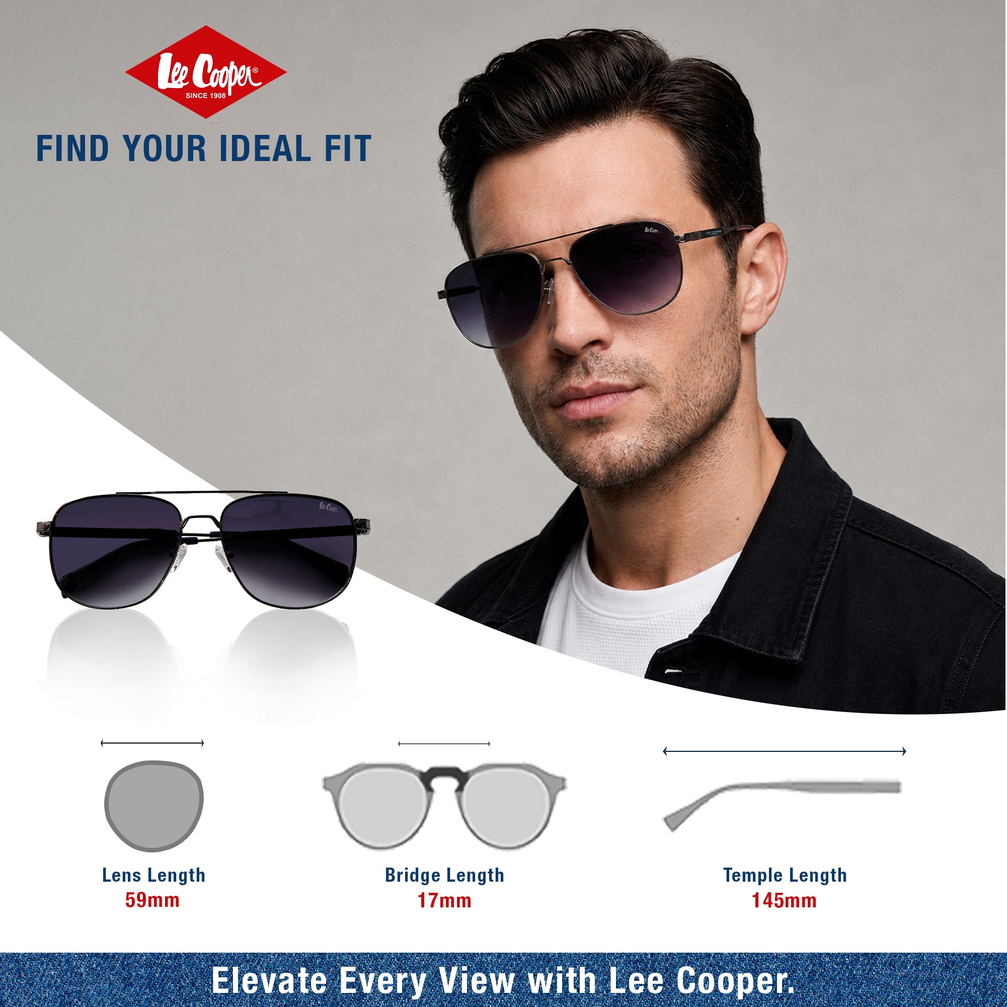 Lee Cooper Non-Polarized Aviator Sunglasses for Men with Gradient Grey Nylon Lenses, Gunmetal Full-Rim Metal Frame and Double-Bridge Design | LCM10245C3