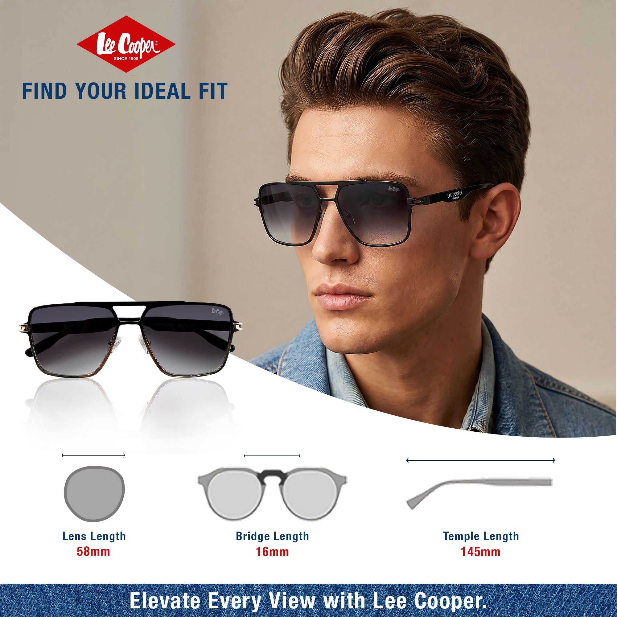 Lee Cooper Non-Polarized Square Aviator Sunglasses for Men with Gradient Grey Nylon Lenses, Black & Silver-Tone Full-Rim Metal Frame and Double-Bridge Design | LCM10246C1
