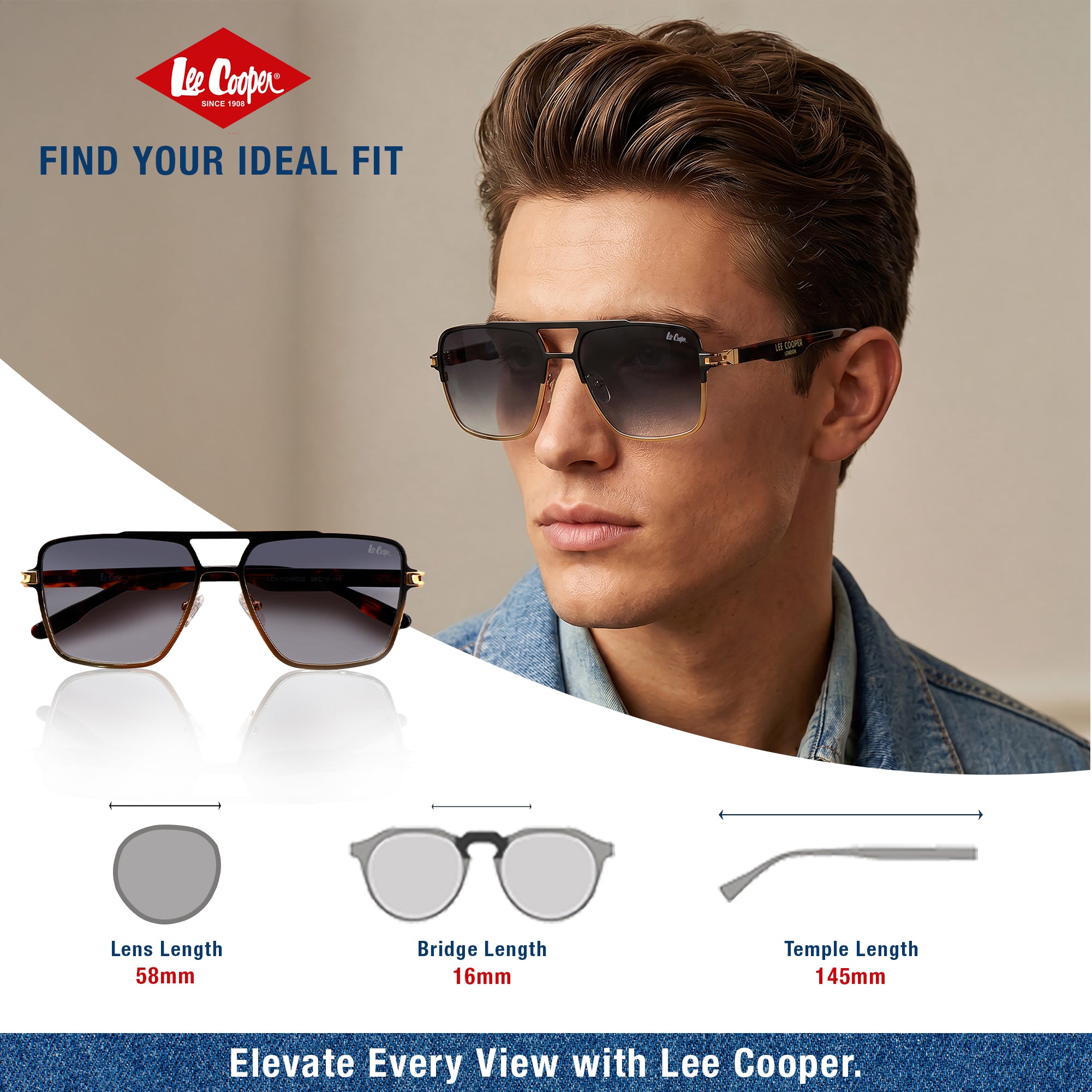 Lee Cooper Non-Polarized Square Aviator Sunglasses for Men with Gradient Grey Nylon Lenses, Black & Gold-Tone Full-Rim Metal Frame and Double-Bridge Design | LCM10246C2