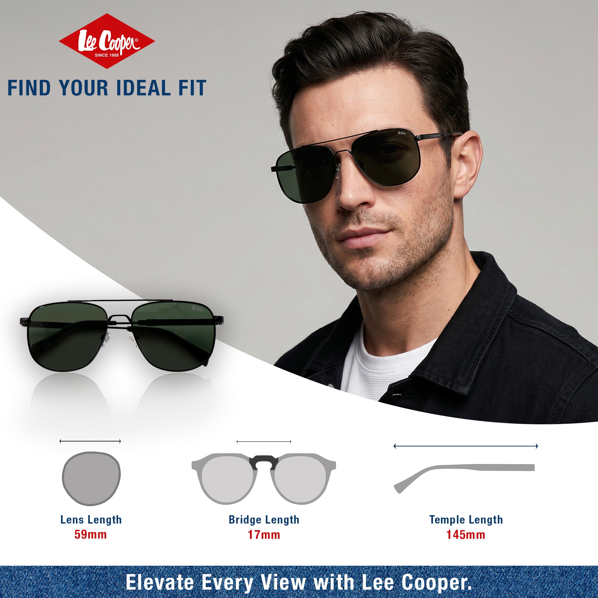 Lee Cooper Non-Polarized Aviator Sunglasses for Men with Dark Green Nylon Lenses, Black Full-Rim Metal Frame and Double-Bridge Design | LCM10245C1