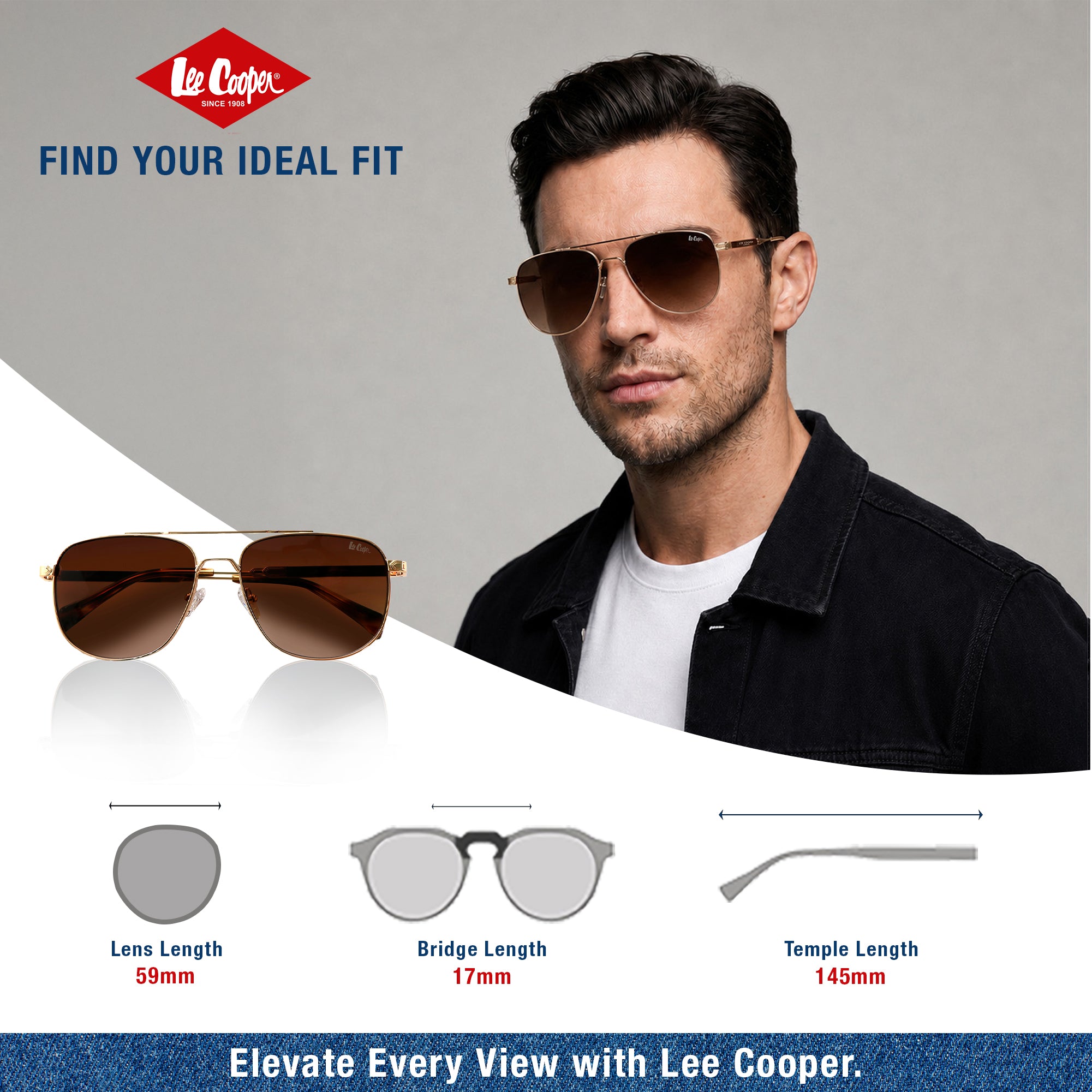 Lee Cooper Non-Polarized Aviator Sunglasses for Men with Gradient Brown Nylon Lenses, Gold-Tone Full-Rim Metal Frame and Double-Bridge Design | LCM10245C5