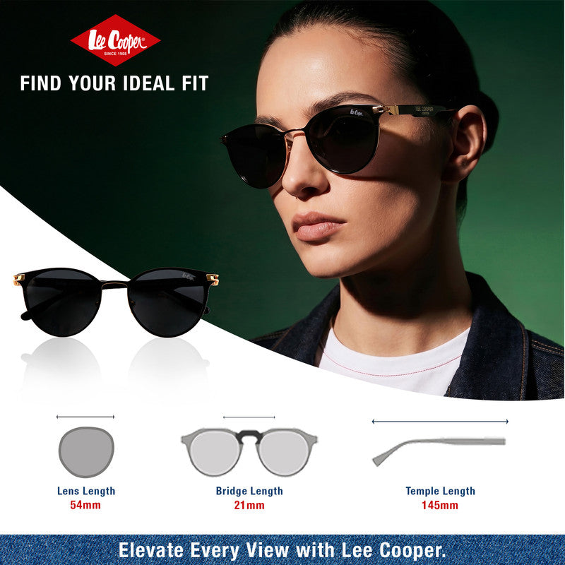 Lee Cooper Non-Polarized Round Sunglasses for Women with Grey Nylon Lenses, Black & Gold-Tone Full-Rim Metal Frame | LCW10241C1