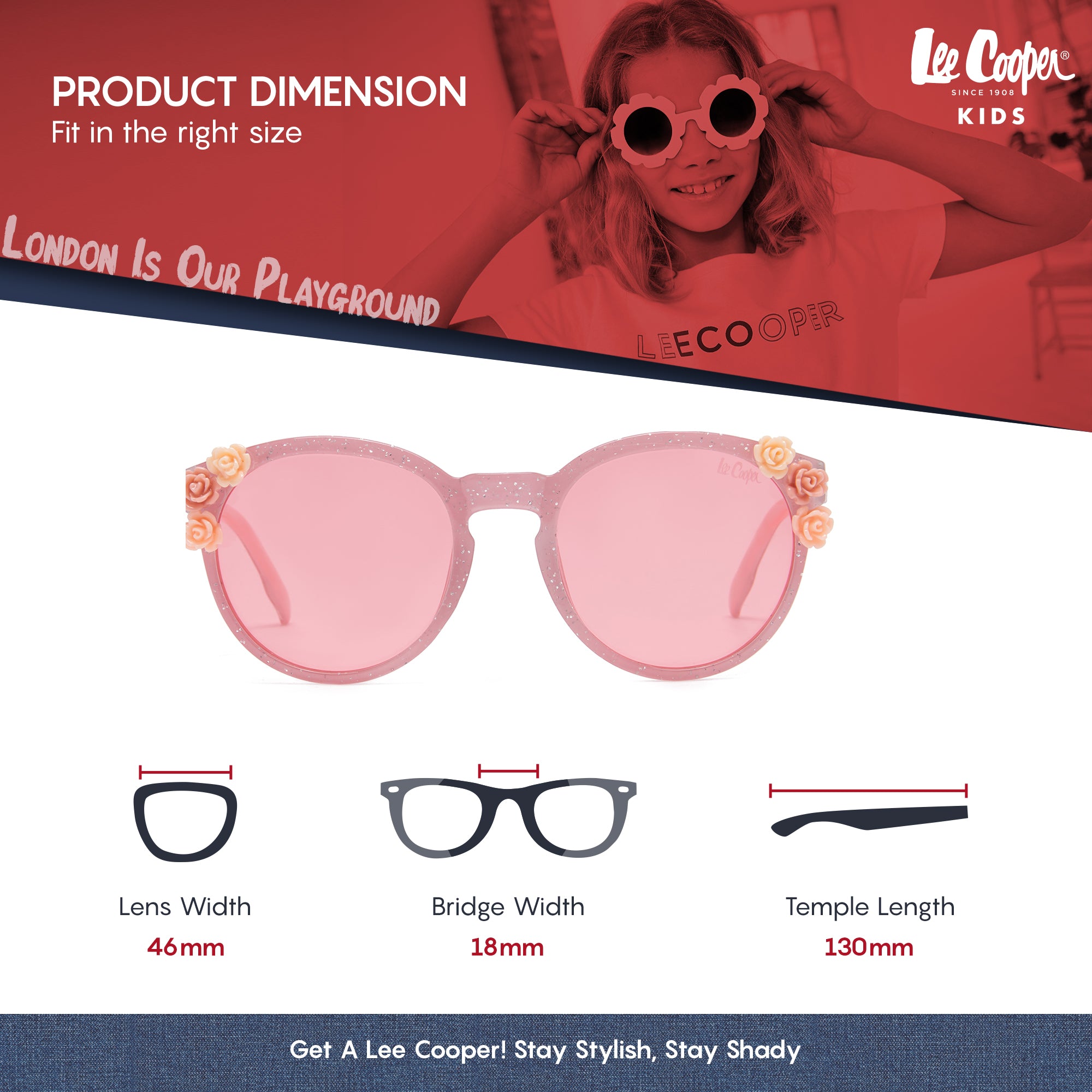 Lee Cooper Polarized Sunglasses for Boys & Girls with Pink Round TAC Lenses, Glittered Full-Rim Polycarbonate Frame and Floral Embellishments | LCK107C01