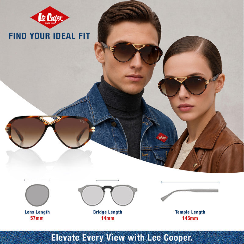 Lee Cooper Non-Polarized Aviator Sunglasses for Men & Women with Gradient Brown Nylon Lenses, Brown Striped Full-Rim Acetate Frame and Gold-Tone Decorative Double-Bridge Design | LCU10242C4