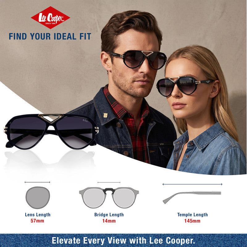 Lee Cooper Non-Polarized Aviator Sunglasses for Men & Women with Gradient Grey Nylon Lenses, Black Full-Rim Acetate Frame and Silver-Tone Decorative Double-Bridge Design | LCU10242C3