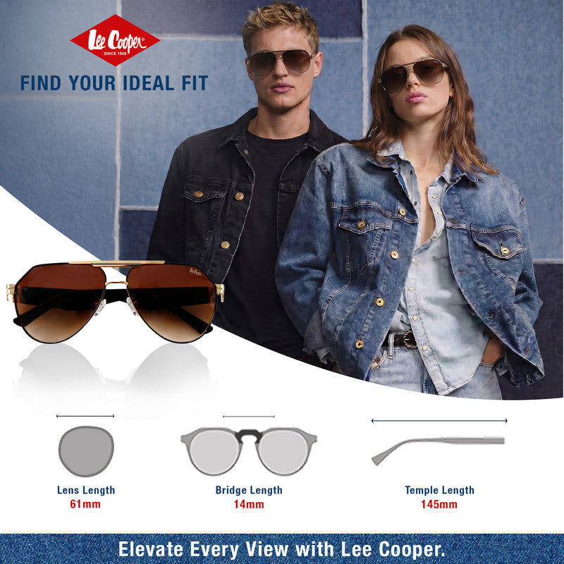 Lee Cooper Non-Polarized Aviator Sunglasses for Men & Women with Gradient Brown Nylon Lenses, Gold-Tone Full-Rim Metal Frame and Double-Bridge Design | LCU10240C4