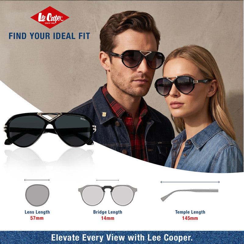 Lee Cooper Non-Polarized Aviator Sunglasses for Men & Women with Grey Nylon Lenses, Black Full-Rim Acetate Frame and Decorative Double-Bridge Design | LCU10242C1