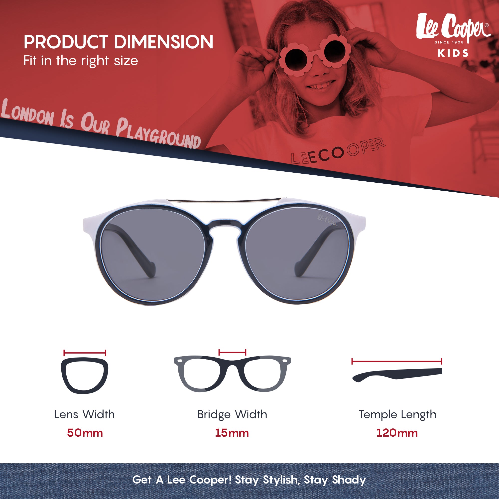 Lee Cooper Polarized Sunglasses for Boys & Girls with Grey Round TAC Lenses, Blue Full-Rim Polycarbonate Frame and Brow-Bar Design | LCK109C01