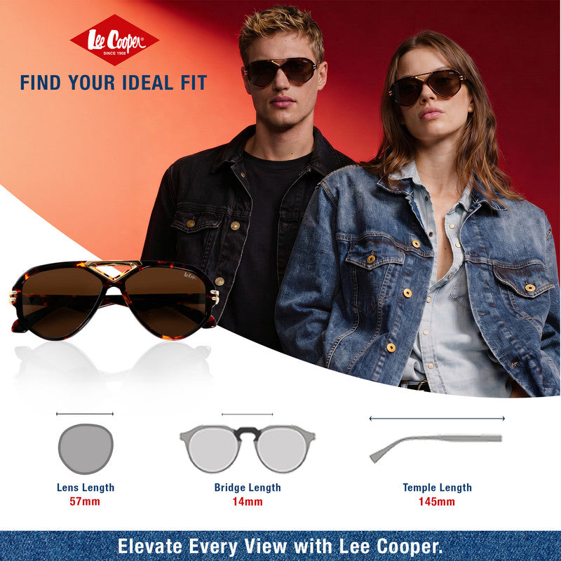 Lee Cooper Non-Polarized Aviator Sunglasses for Men & Women with Brown Nylon Lenses, Tortoiseshell Full-Rim Acetate Frame and Gold-Tone Decorative Double-Bridge Design | LCU10242C5