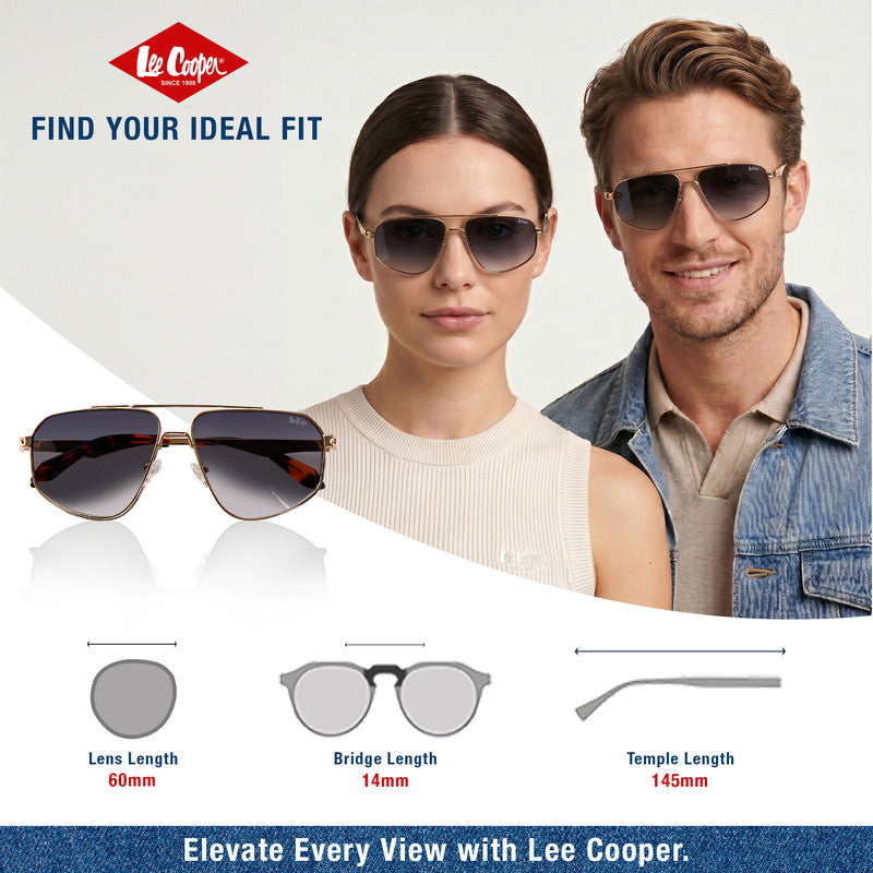Lee Cooper Non-Polarized Square Aviator Sunglasses for Men & Women with Gradient Grey Nylon Lenses, Gold-Tone Full-Rim Metal Frame and Double-Bridge Design | LCU10243C5