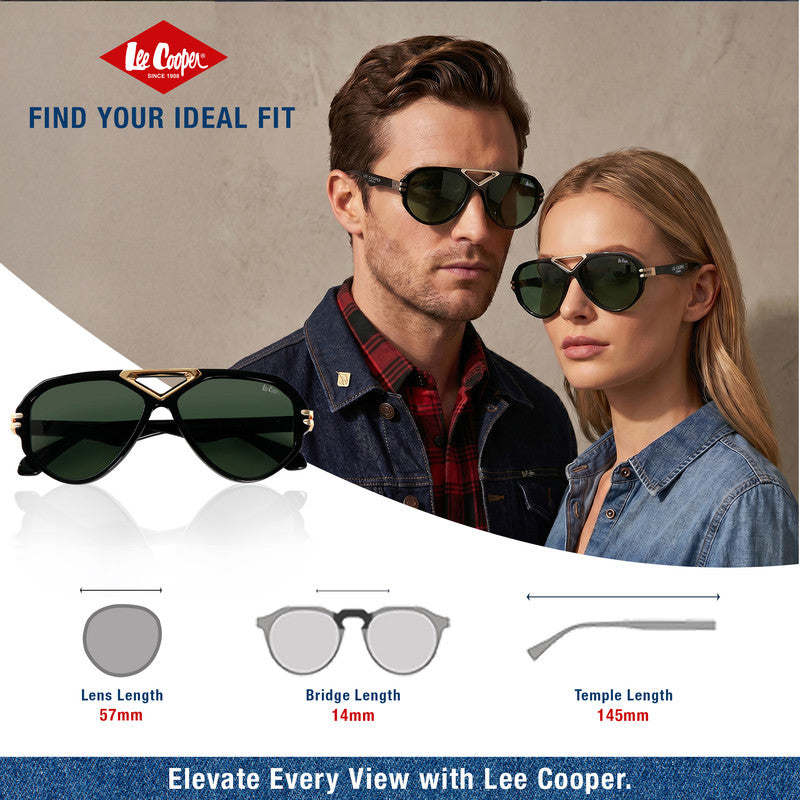 Lee Cooper Non-Polarized Aviator Sunglasses for Men & Women with Dark Green Nylon Lenses, Black Full-Rim Acetate Frame and Gold-Tone Decorative Double-Bridge Design | LCU10242C2