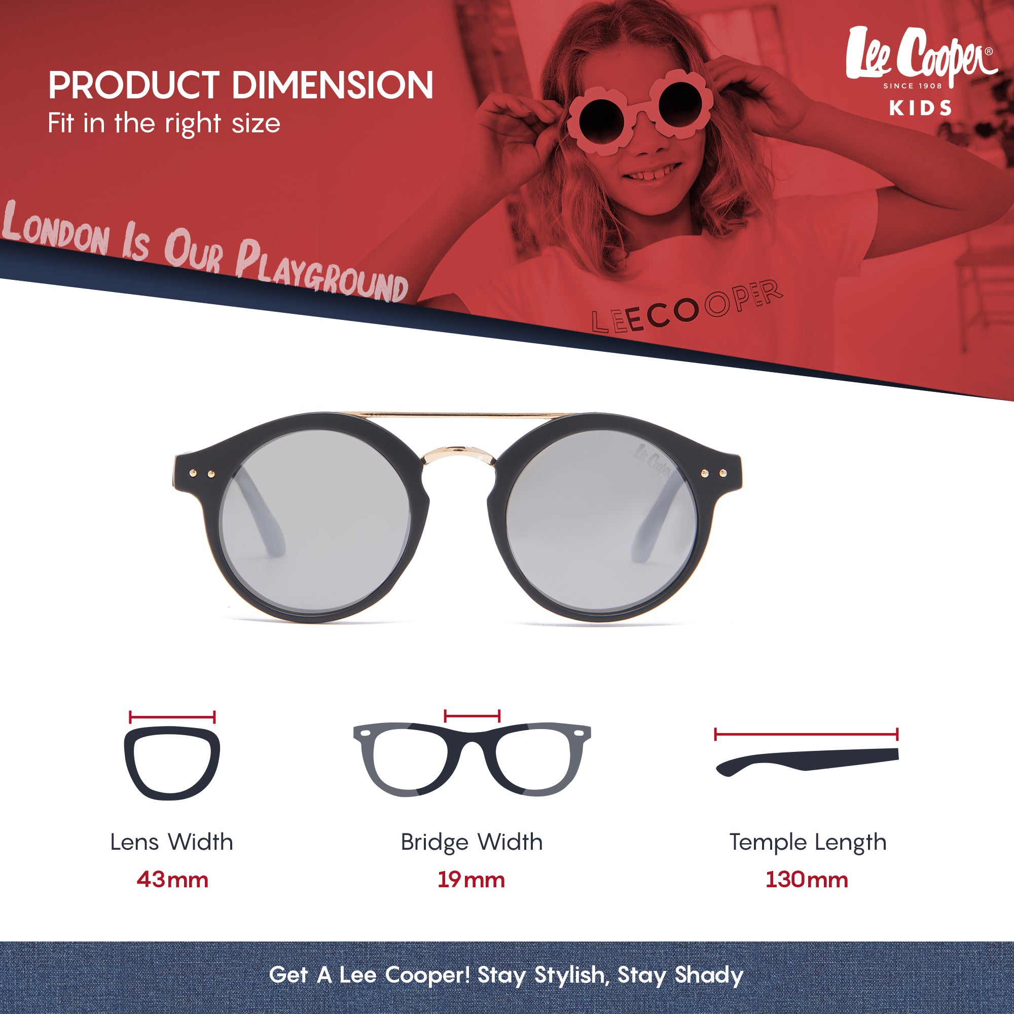 Lee Cooper Polarized Sunglasses for Boys & Girls with Silver Mirrored Round TAC Lenses, Black Full-Rim Polycarbonate Frame and Double-Bridge Design | LCK113C03