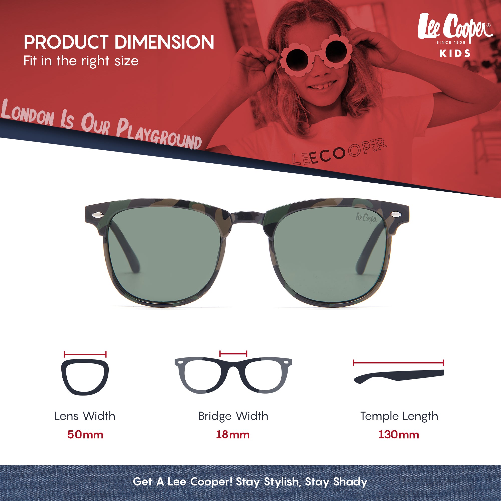 Lee Cooper Polarized Classic Square Sunglasses for Boys & Girls with Green TAC Lenses and Black Camouflage-Pattern Full-Rim Polycarbonate Frame | LCK105C03